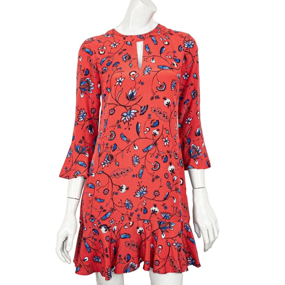 Shoshanna 100% Silk Floral Red Ruffle Dress 3/4 sleeve size 2